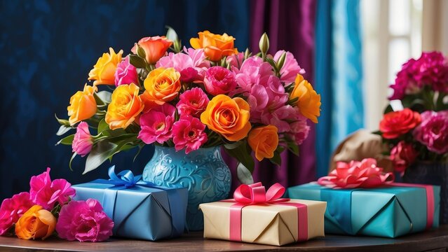 A vibrant bouquet of multicolored artificial daisies in a light blue pot sits on a wooden surface. Nearby is a small