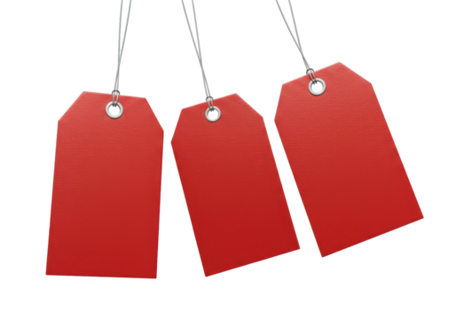 Isolated Three Red Price Tags Hanging on Strings