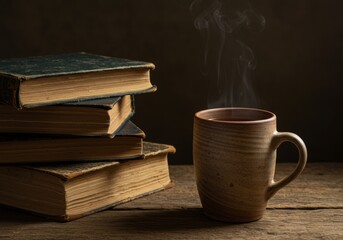 Naklejka premium Cozy Reading Nook Steaming Tea and Antique Books