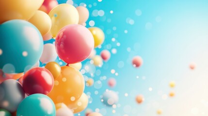 Colorful balloons floating against a bright blue sky.