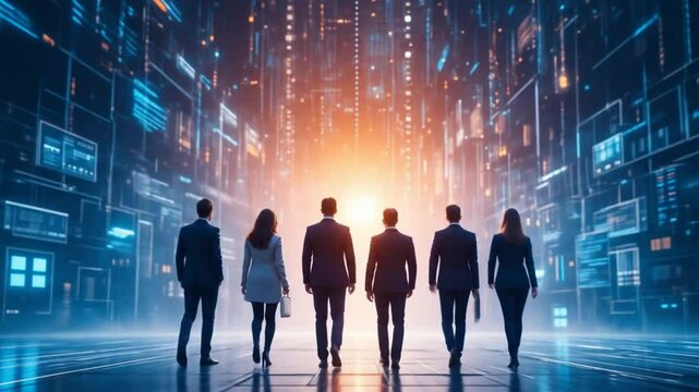 Group of businessmen walking towards digital background. Illustration of tech startup growth, AI, tech innovation. Teamwork, data code, future development. 4k video
