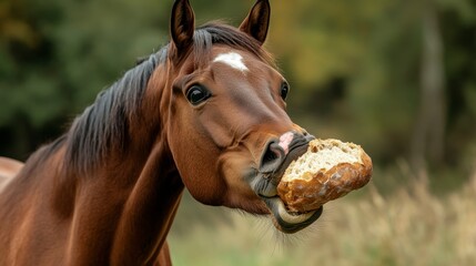 Chestnut horse playfully holding a loaf of bread in its mouth.