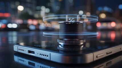 Smartphone displaying modern fifth generation wireless communication in city at night, showing advanced cellular network technology