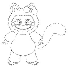 Lady cat. Cute toothy kitten with a bow on the ear. Sketch. Vector illustration. Fluffy mischievous cat with hearts in the eyes, whiskers and tail. Outline on an isolated white background Doodle style
