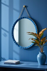 Blue Oval Ruffled Mirror with Gold Chain Hanging on Blue Wall