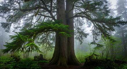 Majestic ancient tree dominates a misty, verdant forest scene.