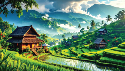 Terraced rice fields with traditional homes and misty hills. Rolling hills with terraced rice fields and mountain view. Peaceful rural landscape with green rice fields and mist