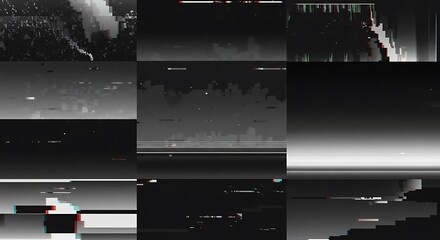 Set of nine abstract monochrome glitch art backgrounds. Digital distortion, noise, and static screen error effects.