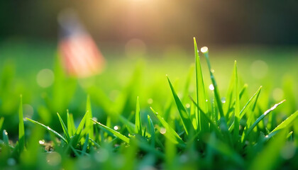 Close up view of vibrant green grass blades with water droplets illuminated by soft sunlight outdoors