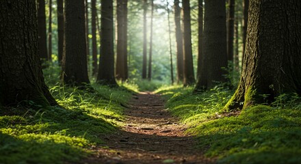 Naklejka premium Sunlit Path Through a Lush Green Forest