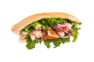 Gyros with grilled chicken meat, salad, tomato, onion, tzatziki in pita bread isolated on white background