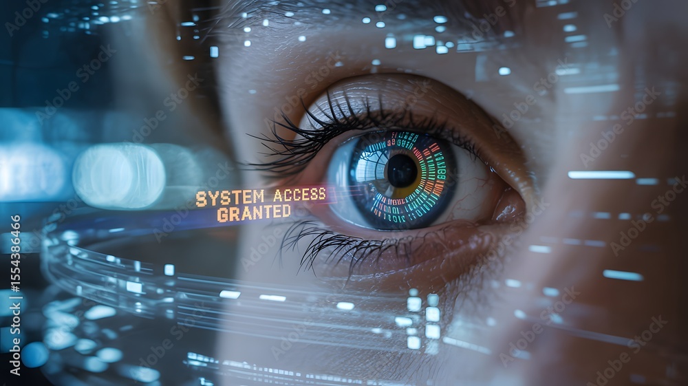 Poster woman's eye with digital overlay shows system access, displaying futuristic technology and connectio
