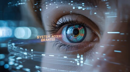 Woman's eye with digital overlay shows system access, displaying futuristic technology and connection to the virtual realm.