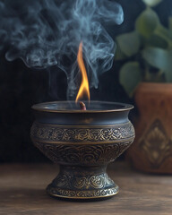 Burning incense in ornate bronze holder with smoke rising