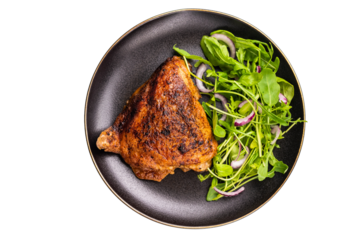 BBQ grilled chicken thigh with with green salad on a plate isolated on white background. top view