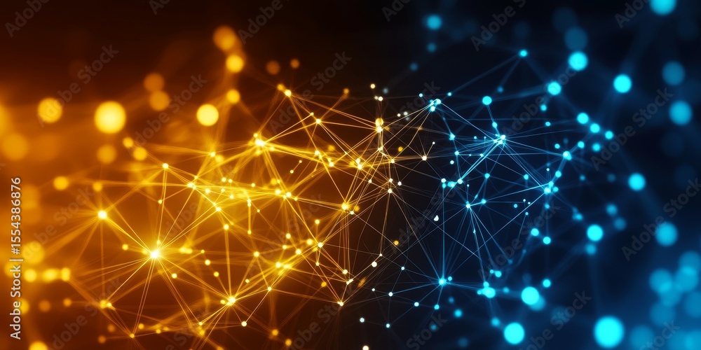 Poster digital network visualization in blue and yellow spectrum showcasing complex information structures