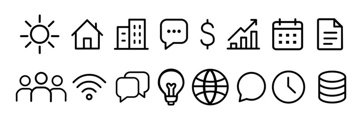 Vector icon set featuring 18 modern, minimalistic symbols representing diverse business and digital concepts