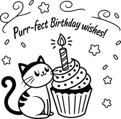 Sweet pink birthday cake illustration with candles and strawberries on a vintage card