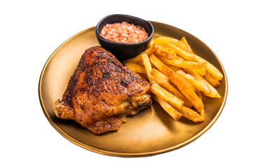 BBQ fried chicken thigh with french fry on a plate isolated on white background. top view
