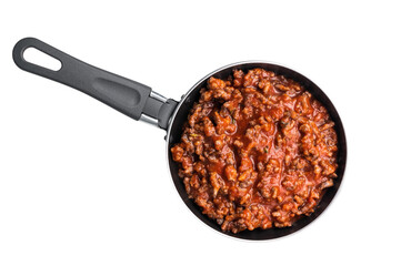 Italian bolognese sauce with minced beef in a pan isolated on white background