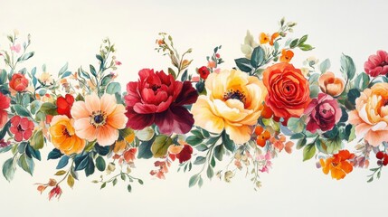 Vibrant watercolor floral arrangement with roses, anemones, and leaves.