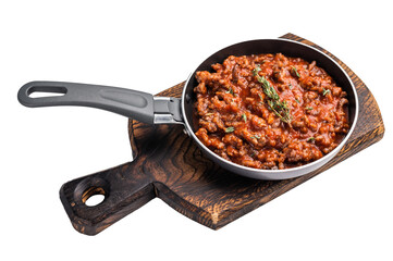 Italian bolognese sauce with minced beef in a pan isolated on white background