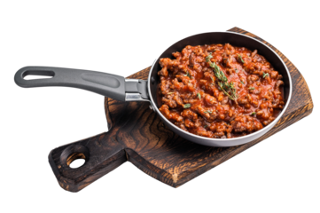 Italian bolognese sauce with minced beef in a pan isolated on white background