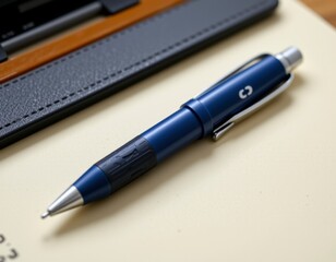 Blue Metal Pen with Textured Grip on Leather Notepad