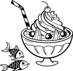 Sweet dessert vector illustration of ice cream with fruits in a bowl, a tasty cartoon treat