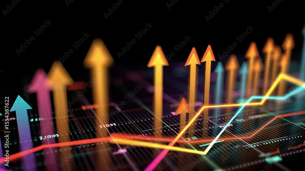 Poster colorful abstract representation of financial growth with dynamic arrows and graphs on a dark backgr