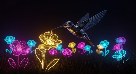 Neon Hummingbird and Glowing Flowers A Digital Art Creation