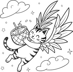 Funny cartoon animal illustration of a cute bee and flower for children's coloring book