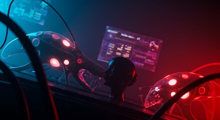 Exploring the Digital Mind A Futuristic Conceptualization of Artificial Intelligence, Human-Machine Interface, and Data Processing in a Neon-Lit Neural Network.