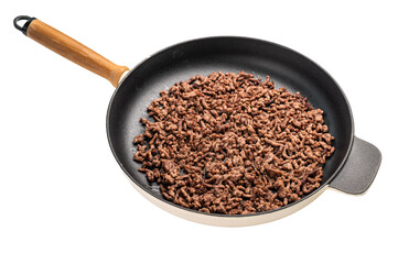 Frying Pan with fried mince beef meat, fresh cooked forcemeat isolated on white background