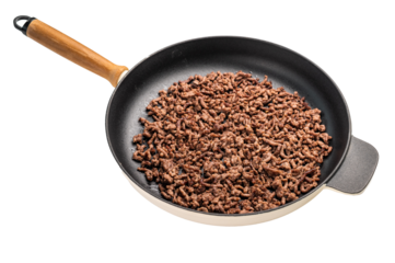 Frying Pan with fried mince beef meat, fresh cooked forcemeat isolated on white background