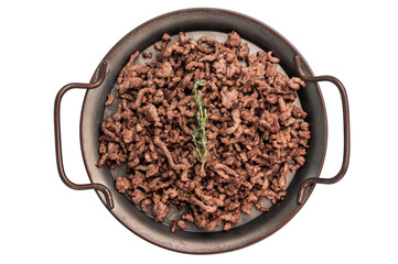 Fried mince beef and pork meat, fresh cooked mincemeat isolated on white background