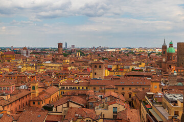 Obraz premium Aerial cityscape view from the Cathedral tower on Bologna old town center in Bologna, Italy