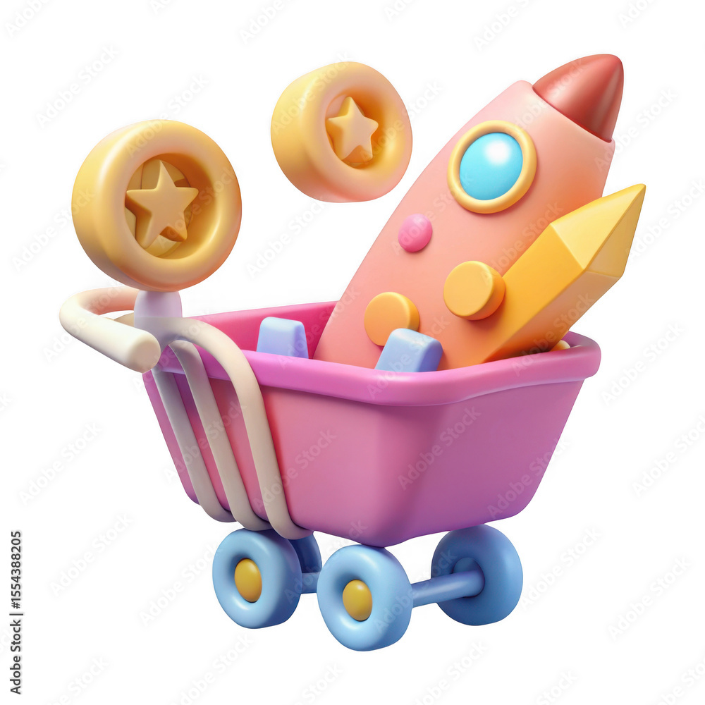 Poster 3d rocket in shopping cart with coins isolated on transparent background