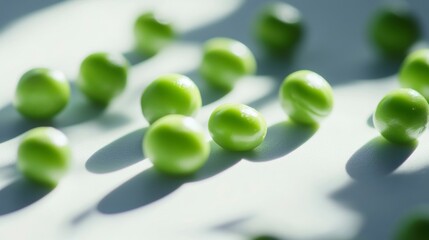 Close-up of fresh, vibrant green peas scattered on a white surface, illuminated by sunlight casting shadows.