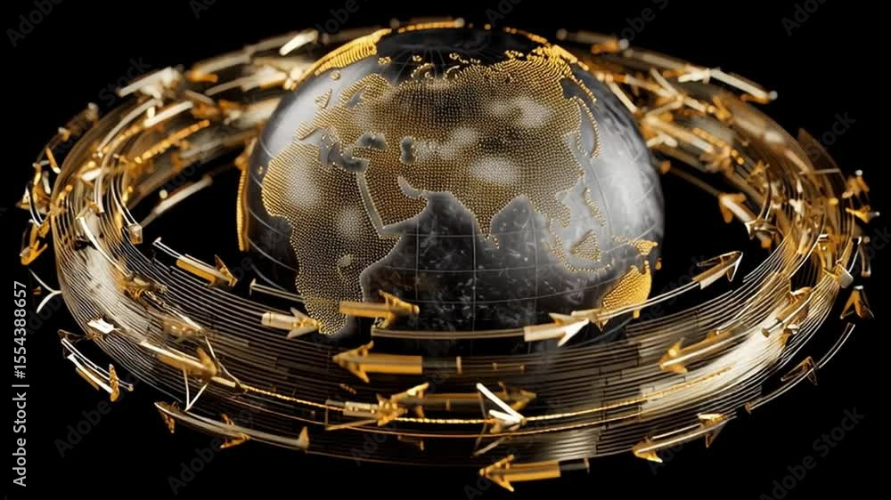 Poster abstract globe design with dynamic arrows and golden elements represents global connectivity and tec