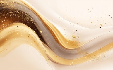 The combination of abstract beige and brown swirls with golden glitter particles results in a fluid, marbled texture, yielding an elegant and decorative background with smooth transitions