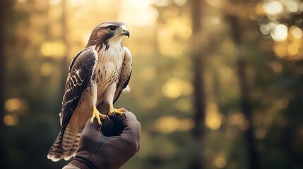 Magnificent Hawk Perched on a Falconer's Gloved Hand, Forest Backdrop with Warm Bokeh Lighting