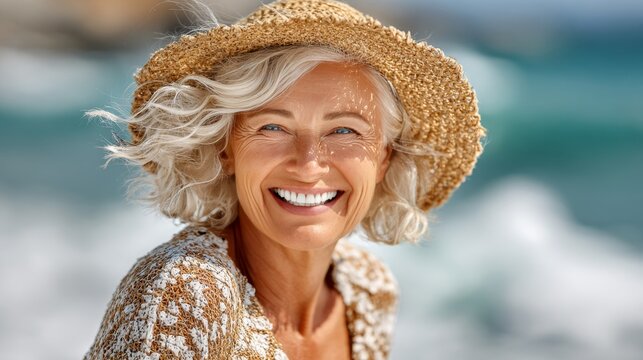 Joyful Mature Woman with Silver Gray Hair Smiling Brightly at the Beach During a Relaxing Holiday - Powered by Adobe