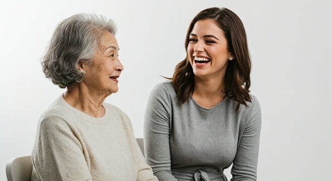 Smiling Older Woman and Younger Woman Engaging in Happy Conversation in Studio Setting - Powered by Adobe