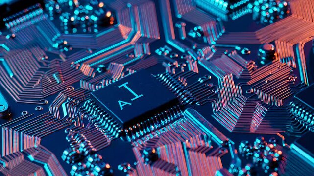 Detailed electronics with AI processor. Microchip installed on circuit board. Chip technology optimizes digital signal. Processor functions within electronics circuit using AI chip technology.