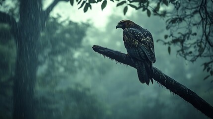 Majestic Eagle Perched on Branch in Rainy Forest, Moody Dark Tone