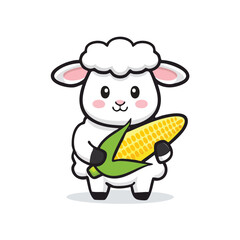 "Minimal Flat Vector of a Cute Lamb Holding Corn with Bold Black Outline and Happy Expression &ndash; Fun and Wholesome Design"