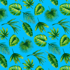 Blue background with leaves.Vector seamless pattern with green palm leaves on a blue background.