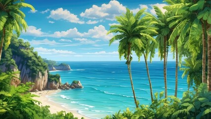 Naklejka premium Aerial view of a tropical beach with soft golden sand meeting a clear turquoise sea.