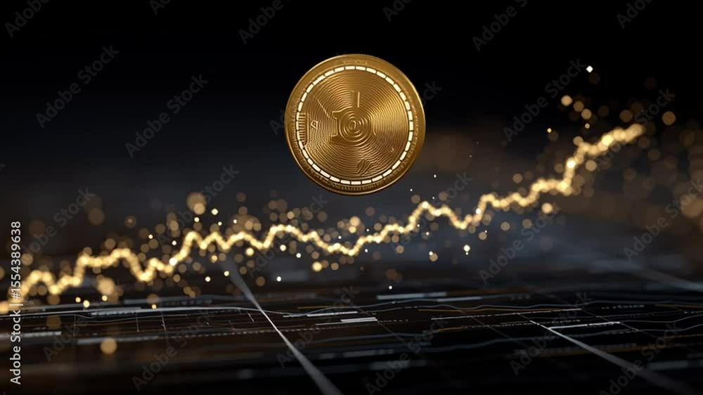Poster golden coin with sparkling background and upward trend graph for finance and investment concepts